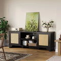 Rattan TV Stand Fits TVs Up to 70 Inches, Farmhouse Entertainment Center with 2 Cabinets and Open Shelves, Wooden Media Console Table for Living Room
