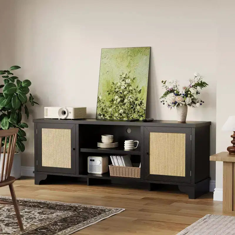 Rattan TV Stand Fits TVs Up to 70 Inches, Farmhouse Entertainment Center with 2 Cabinets and Open Shelves, Wooden Media Console Table for Living Room