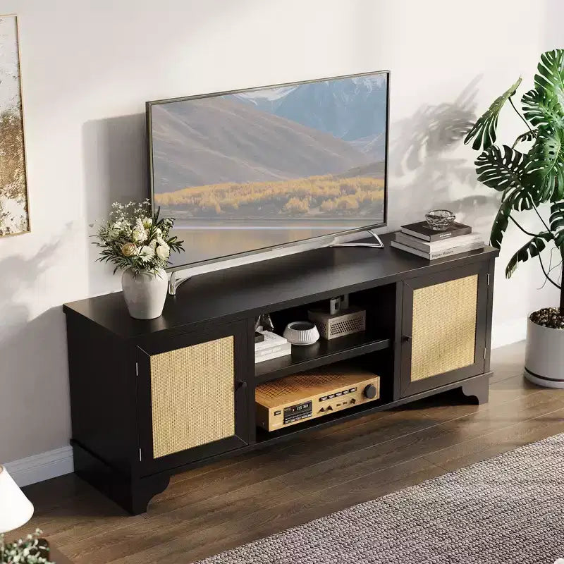 Rattan TV Stand Fits TVs Up to 70 Inches, Farmhouse Entertainment Center with 2 Cabinets and Open Shelves, Wooden Media Console Table for Living Room