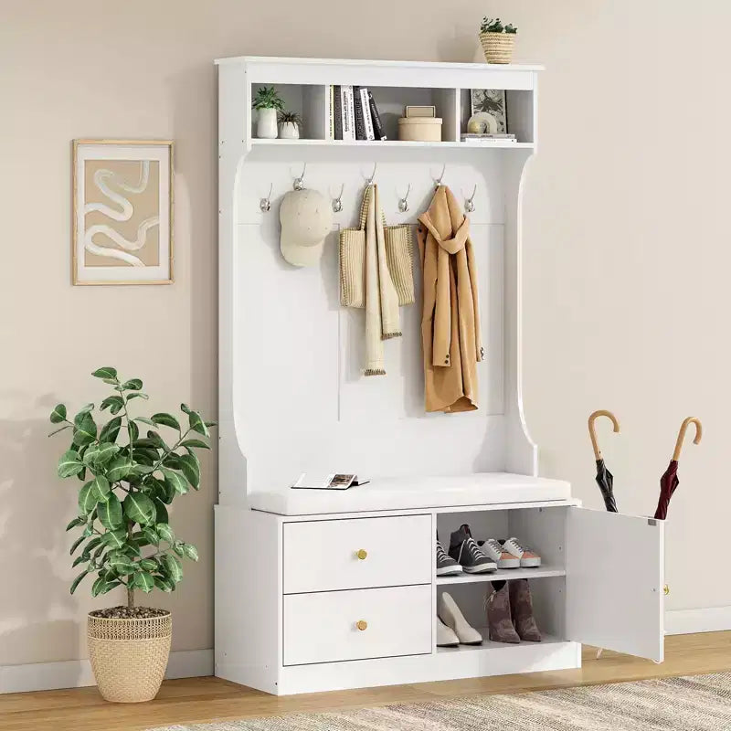 PexFix Hall Tree with Bench & Shoe Storage 6-in-1 Wider Entryway Bench with Coat Rack & Adjustable Shelf Farmhouse Hall Tree