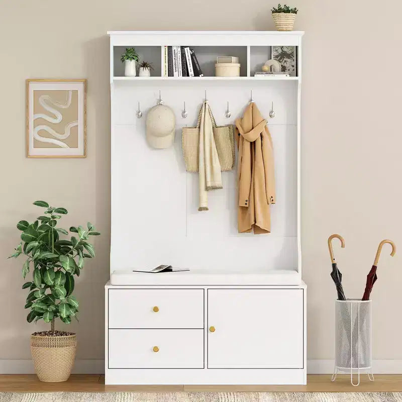 PexFix Hall Tree with Bench & Shoe Storage 6-in-1 Wider Entryway Bench with Coat Rack & Adjustable Shelf Farmhouse Hall Tree