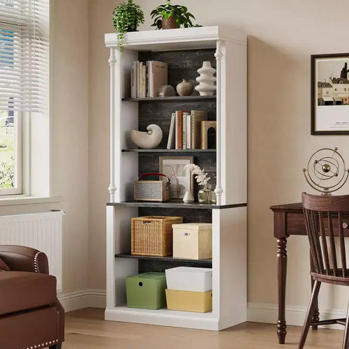 5 Tier White Bookcase, 71 Inch Tall Wood Bookshelf with Adjustable LED Lights/Shelf & USB Charging Port, Vintage Display Cabinet for Living Room