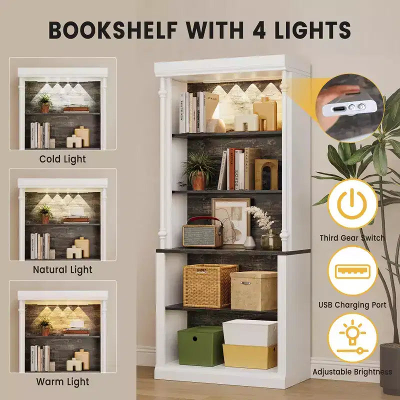 5 Tier White Bookcase, 71 Inch Tall Wood Bookshelf with Adjustable LED Lights/Shelf & USB Charging Port, Vintage Display Cabinet for Living Room