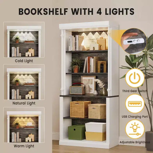 5 Tier White Bookcase, 71 Inch Tall Wood Bookshelf with Adjustable LED Lights/Shelf & USB Charging Port, Vintage Display Cabinet for Living Room