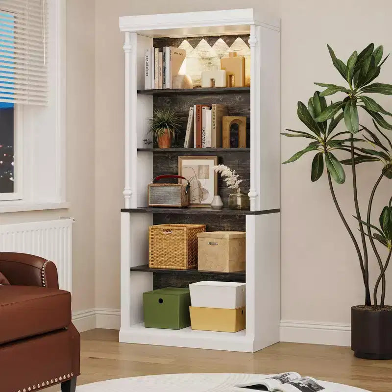 5 Tier White Bookcase, 71 Inch Tall Wood Bookshelf with Adjustable LED Lights/Shelf & USB Charging Port, Vintage Display Cabinet for Living Room