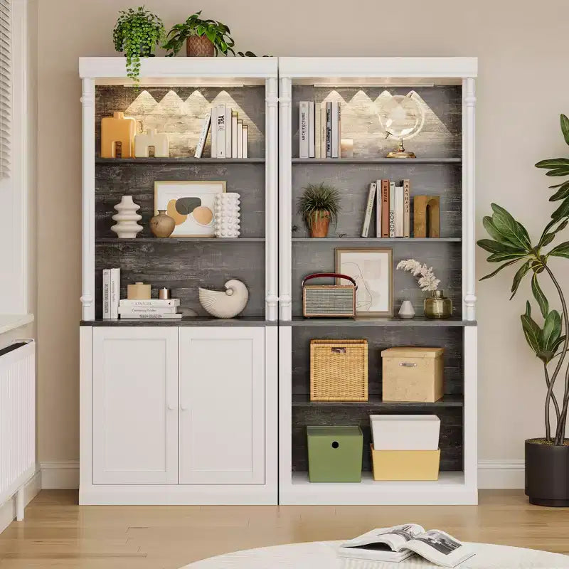 5 Tier White Bookcase, 71 Inch Tall Wood Bookshelf with Adjustable LED Lights/Shelf & USB Charging Port, Vintage Display Cabinet for Living Room