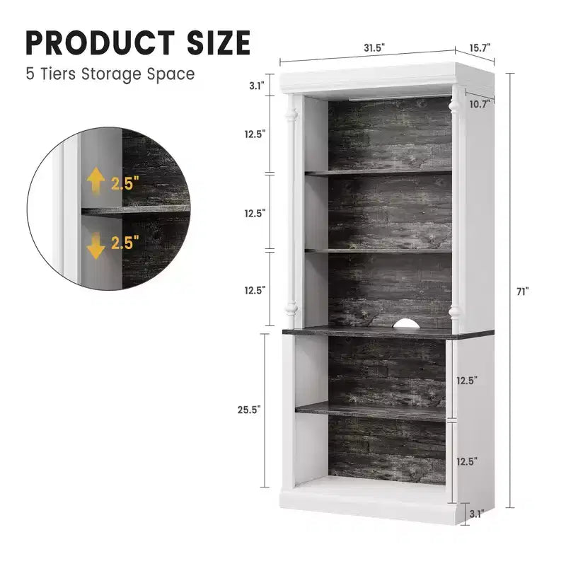 5 Tier White Bookcase, 71 Inch Tall Wood Bookshelf with Adjustable LED Lights/Shelf & USB Charging Port, Vintage Display Cabinet for Living Room