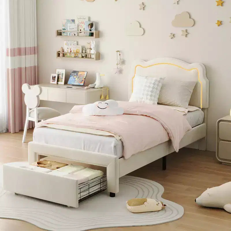 Platform Bed Frame, Velvet Upholstered Bed Frame with Height Adjustable Bear-Shaped Headboard, Noise Free, No Box Spring Needed
