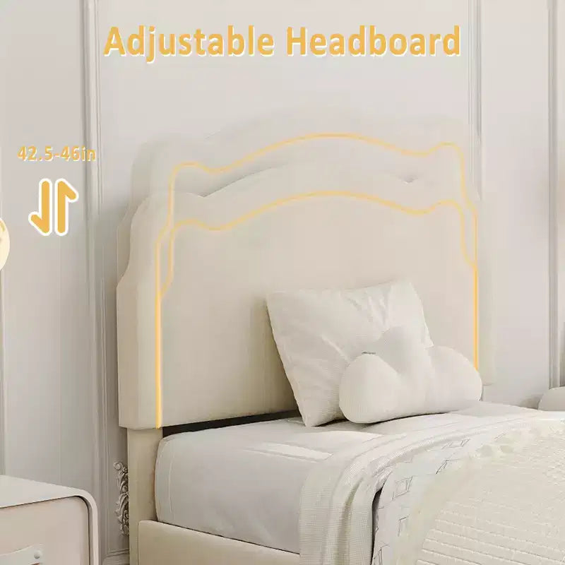 Platform Bed Frame, Velvet Upholstered Bed Frame with Height Adjustable Bear-Shaped Headboard, Noise Free, No Box Spring Needed