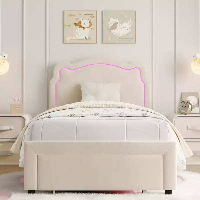 Platform Bed Frame, Velvet Upholstered Bed Frame with Height Adjustable Bear-Shaped Headboard, Noise Free, No Box Spring Needed