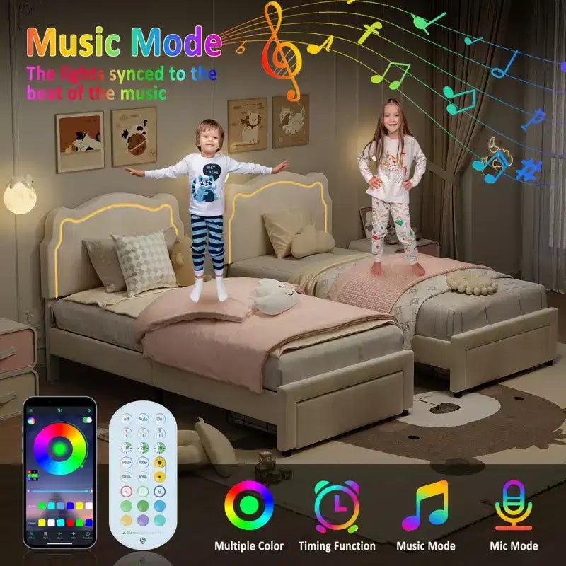 Platform Bed Frame, Velvet Upholstered Bed Frame with Height Adjustable Bear-Shaped Headboard, Noise Free, No Box Spring Needed