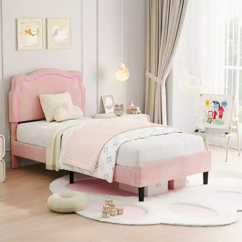 Platform Bed Frame, Velvet Upholstered Bed Frame with Height Adjustable Bear-Shaped Headboard, Noise Free, No Box Spring Needed