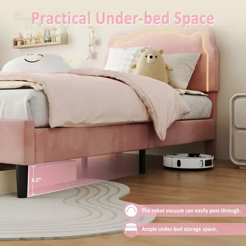 Platform Bed Frame, Velvet Upholstered Bed Frame with Height Adjustable Bear-Shaped Headboard, Noise Free, No Box Spring Needed