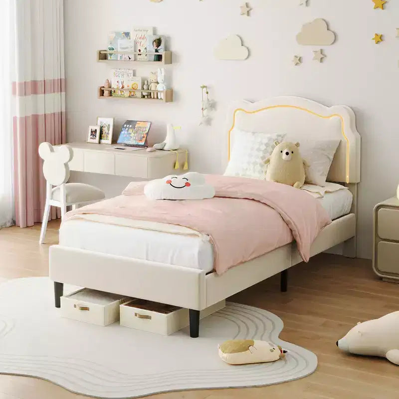 Platform Bed Frame, Velvet Upholstered Bed Frame with Height Adjustable Bear-Shaped Headboard, Noise Free, No Box Spring Needed