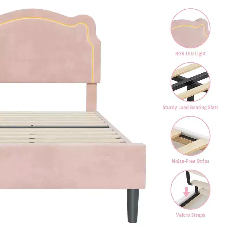 Platform Bed Frame, Velvet Upholstered Bed Frame with Height Adjustable Bear-Shaped Headboard, Noise Free, No Box Spring Needed