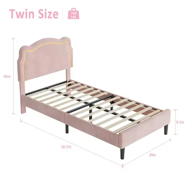Platform Bed Frame, Velvet Upholstered Bed Frame with Height Adjustable Bear-Shaped Headboard, Noise Free, No Box Spring Needed