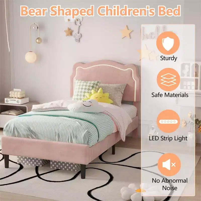 Platform Bed Frame, Velvet Upholstered Bed Frame with Height Adjustable Bear-Shaped Headboard, Noise Free, No Box Spring Needed