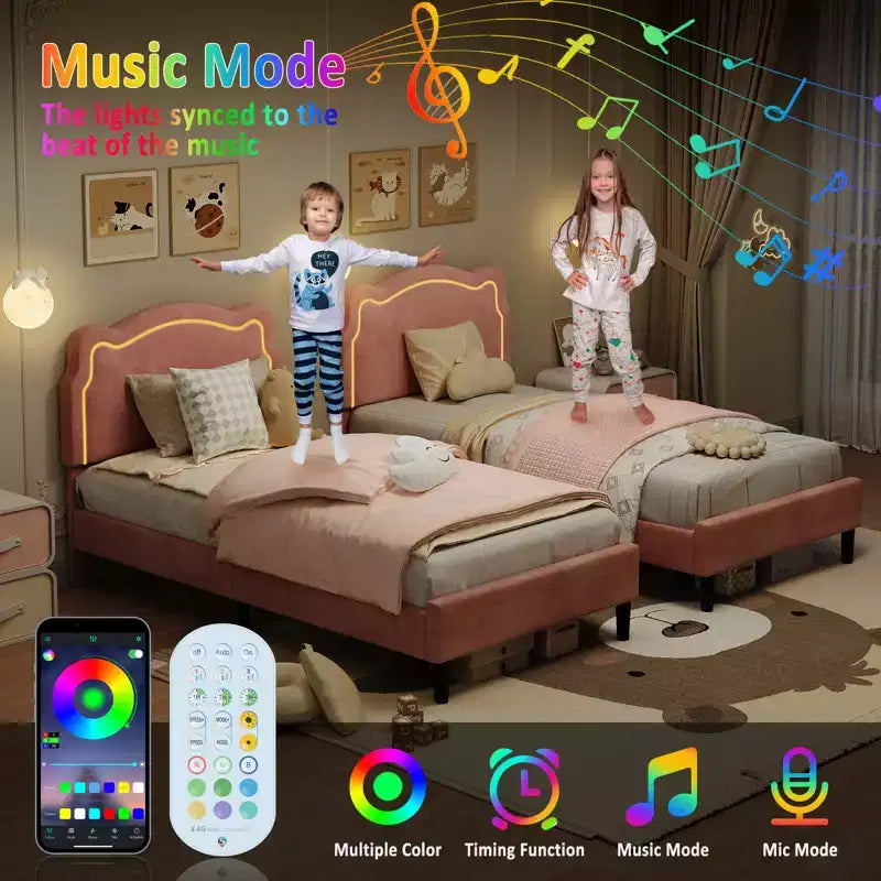 Platform Bed Frame, Velvet Upholstered Bed Frame with Height Adjustable Bear-Shaped Headboard, Noise Free, No Box Spring Needed