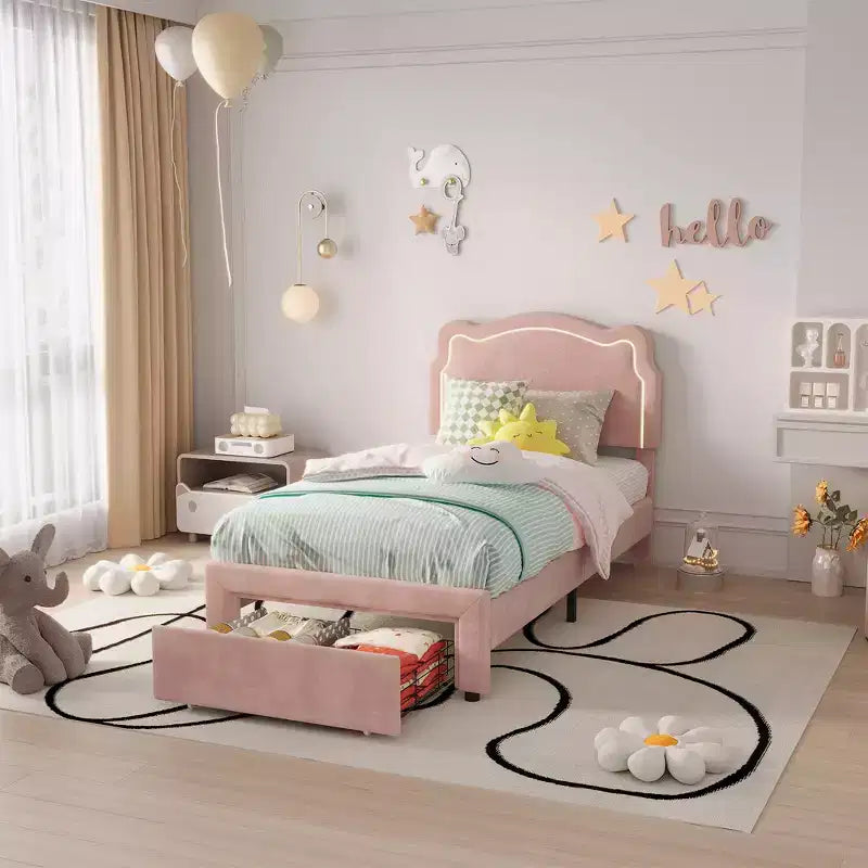 Platform Bed Frame, Velvet Upholstered Bed Frame with Height Adjustable Bear-Shaped Headboard, Noise Free, No Box Spring Needed