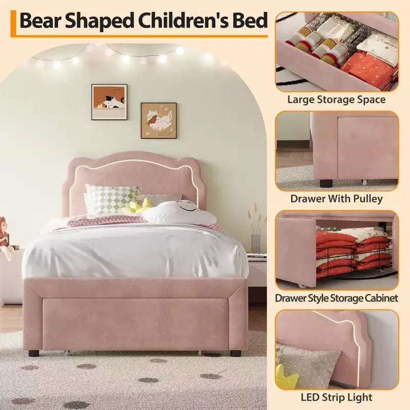 Platform Bed Frame, Velvet Upholstered Bed Frame with Height Adjustable Bear-Shaped Headboard, Noise Free, No Box Spring Needed