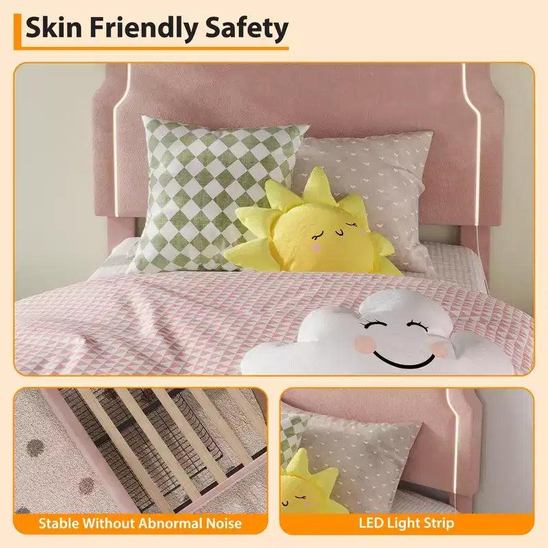 Platform Bed Frame, Velvet Upholstered Bed Frame with Height Adjustable Bear-Shaped Headboard, Noise Free, No Box Spring Needed