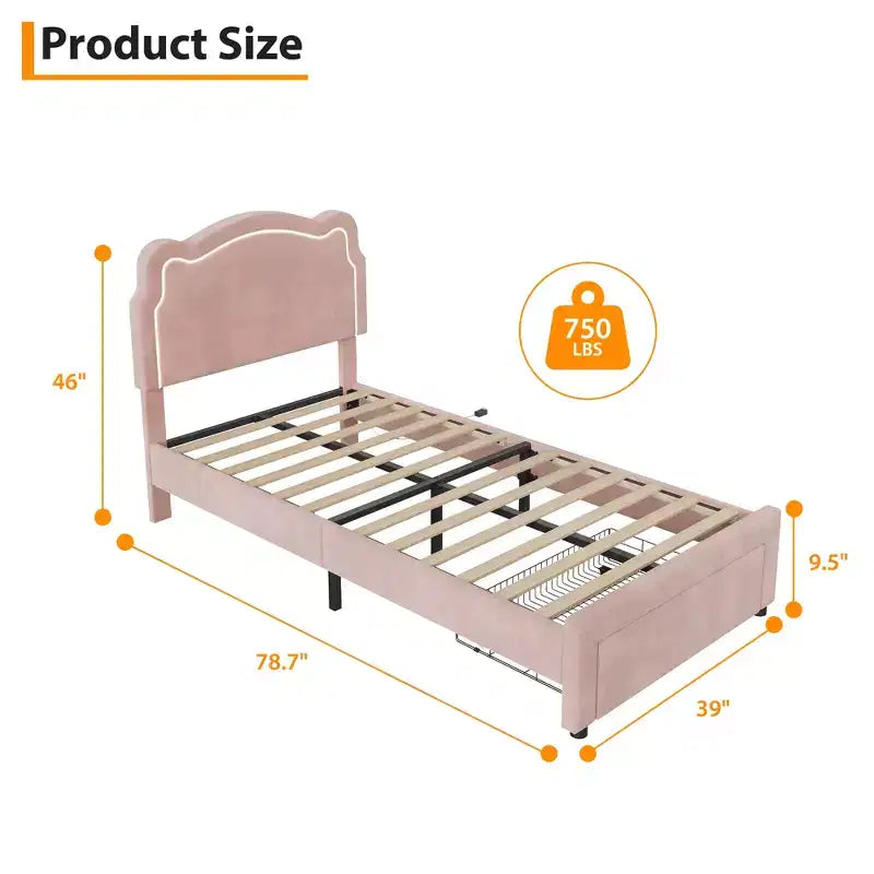 Platform Bed Frame, Velvet Upholstered Bed Frame with Height Adjustable Bear-Shaped Headboard, Noise Free, No Box Spring Needed
