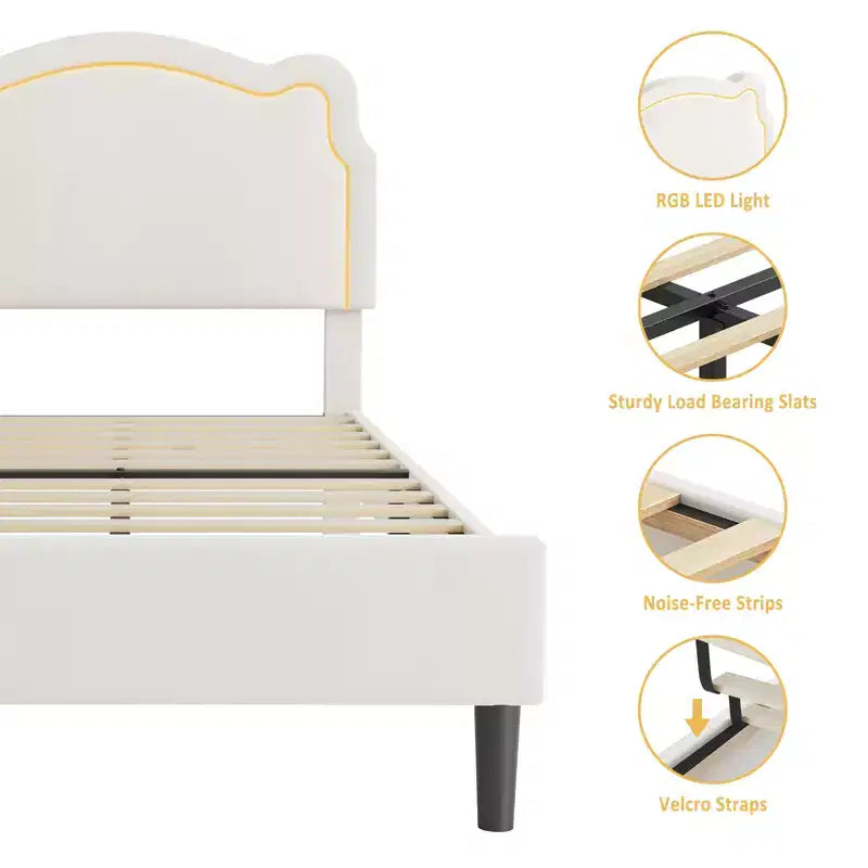 Platform Bed Frame, Velvet Upholstered Bed Frame with Height Adjustable Bear-Shaped Headboard, Noise Free, No Box Spring Needed