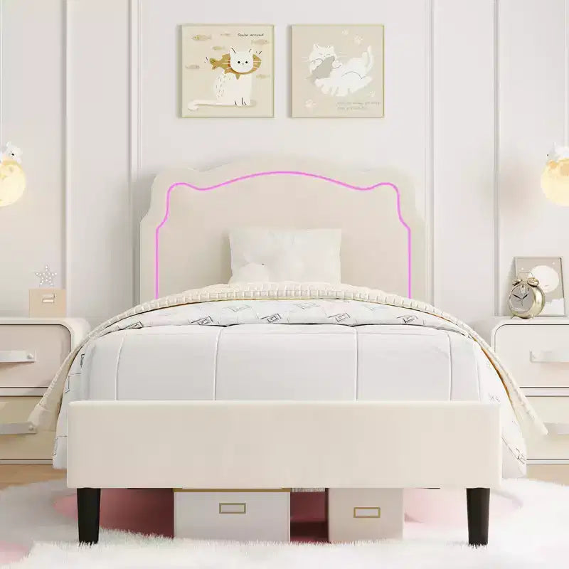 Platform Bed Frame, Velvet Upholstered Bed Frame with Height Adjustable Bear-Shaped Headboard, Noise Free, No Box Spring Needed