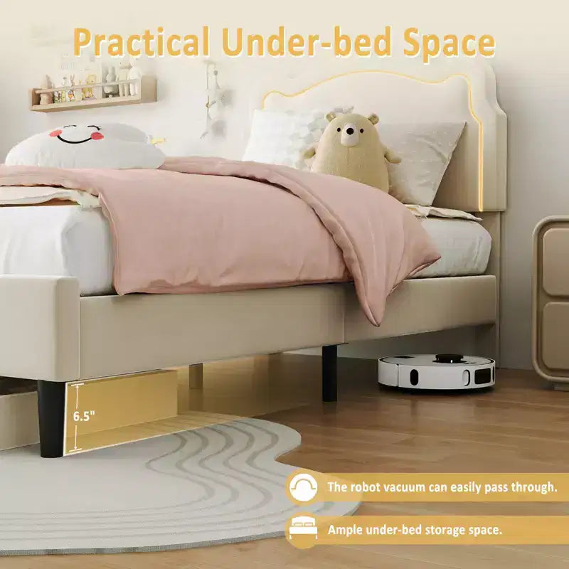 Platform Bed Frame, Velvet Upholstered Bed Frame with Height Adjustable Bear-Shaped Headboard, Noise Free, No Box Spring Needed