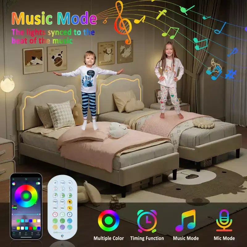 Platform Bed Frame, Velvet Upholstered Bed Frame with Height Adjustable Bear-Shaped Headboard, Noise Free, No Box Spring Needed