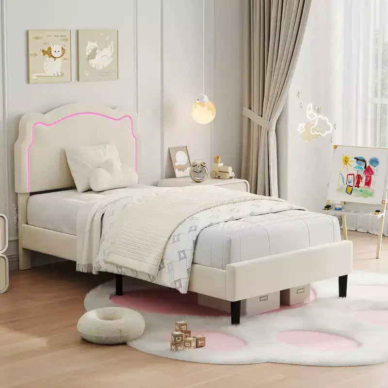 Platform Bed Frame, Velvet Upholstered Bed Frame with Height Adjustable Bear-Shaped Headboard, Noise Free, No Box Spring Needed