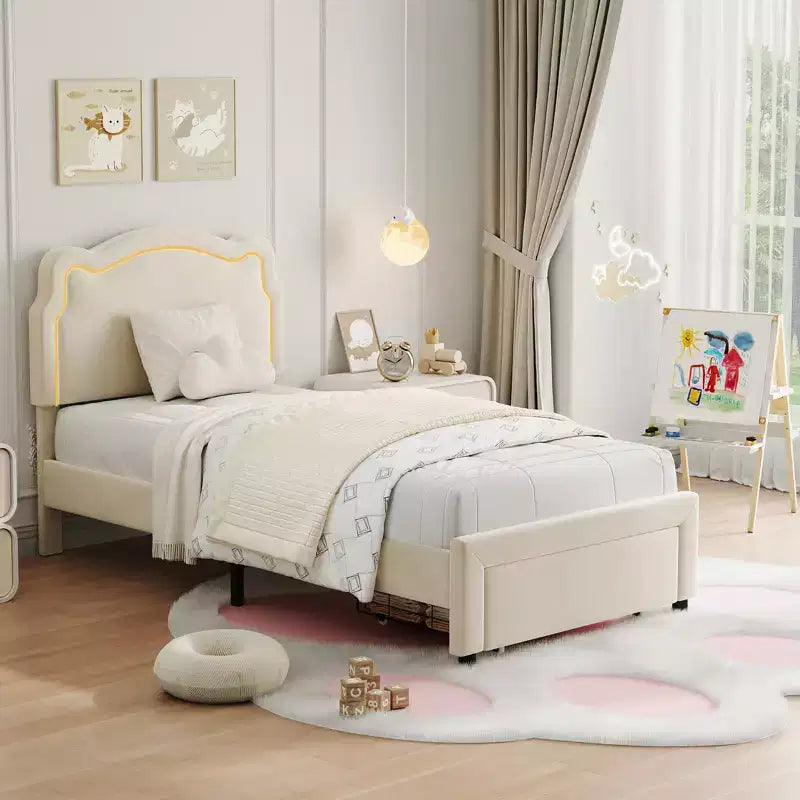 Platform Bed Frame, Velvet Upholstered Bed Frame with Height Adjustable Bear-Shaped Headboard, Noise Free, No Box Spring Needed