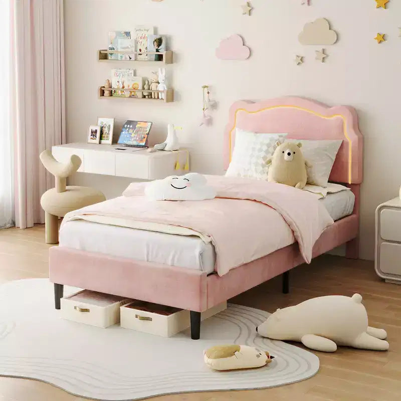 Platform Bed Frame, Velvet Upholstered Bed Frame with Height Adjustable Bear-Shaped Headboard, Noise Free, No Box Spring Needed