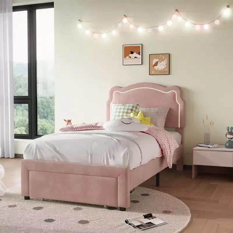 Platform Bed Frame, Velvet Upholstered Bed Frame with Height Adjustable Bear-Shaped Headboard, Noise Free, No Box Spring Needed