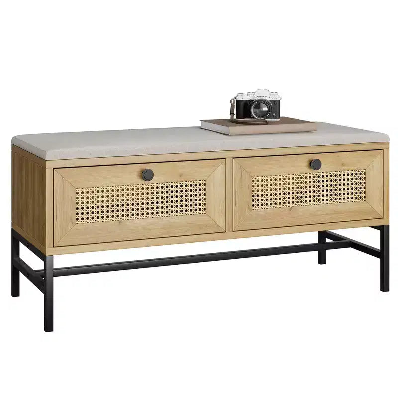 Rattan Shoe Bench with Storage, Entryway Bench with Flip Drawer Shoe Cabinet, Show Storage Bench for Hallway and Bedroom, Natural Oak