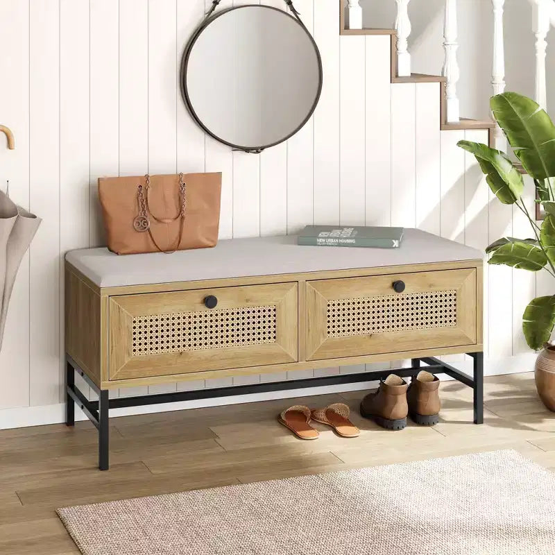 Rattan Shoe Bench with Storage, Entryway Bench with Flip Drawer Shoe Cabinet, Show Storage Bench for Hallway and Bedroom, Natural Oak
