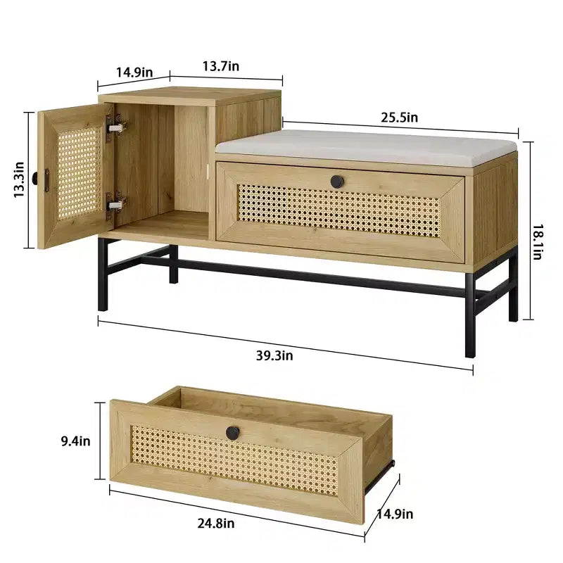 Rattan Shoe Bench with Storage, Entryway Bench with Flip Drawer Shoe Cabinet, Show Storage Bench for Hallway and Bedroom, Natural Oak