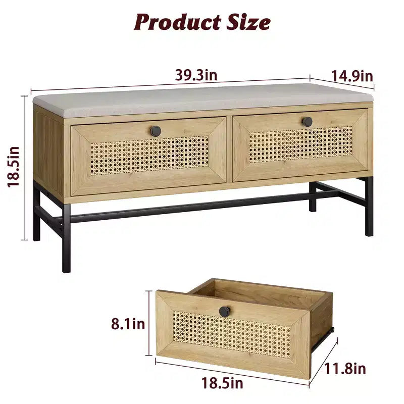 Rattan Shoe Bench with Storage, Entryway Bench with Flip Drawer Shoe Cabinet, Show Storage Bench for Hallway and Bedroom, Natural Oak