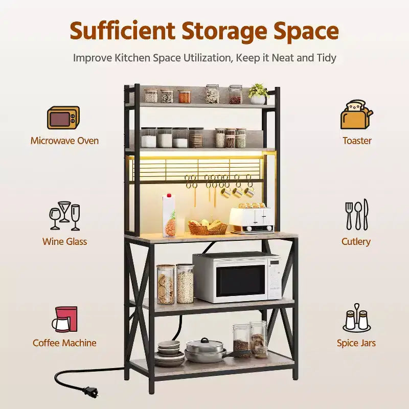 Yaheetech 5-Tier Kitchen Baker's Rack with Power Outletsa and LED Light for Kitchens, Living Rooms