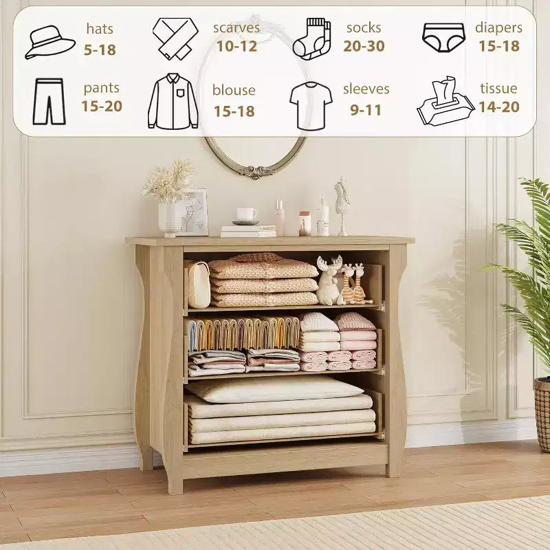 GustoWave 3-Drawer Dresser, Curved Legs, Rattan Trim, Freestanding Storage
