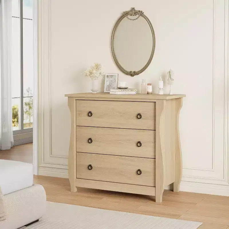 GustoWave 3-Drawer Dresser, Curved Legs, Rattan Trim, Freestanding Storage