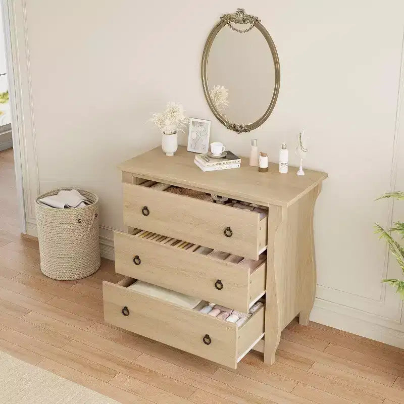 GustoWave 3-Drawer Dresser, Curved Legs, Rattan Trim, Freestanding Storage