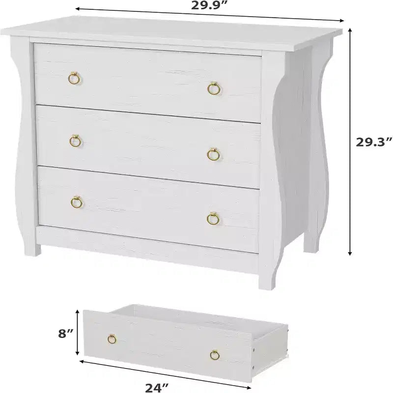 GustoWave 3-Drawer Dresser, Curved Legs, Rattan Trim, Freestanding Storage