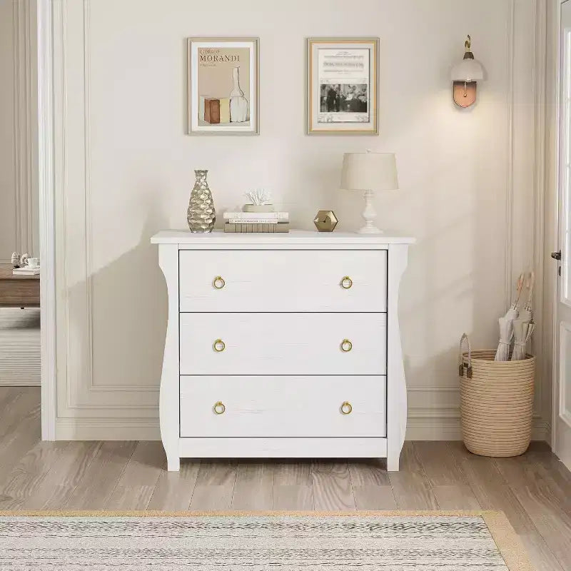 GustoWave 3-Drawer Dresser, Curved Legs, Rattan Trim, Freestanding Storage