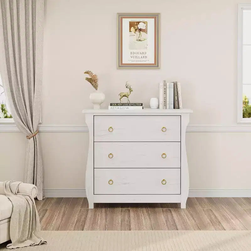 GustoWave 3-Drawer Dresser, Curved Legs, Rattan Trim, Freestanding Storage