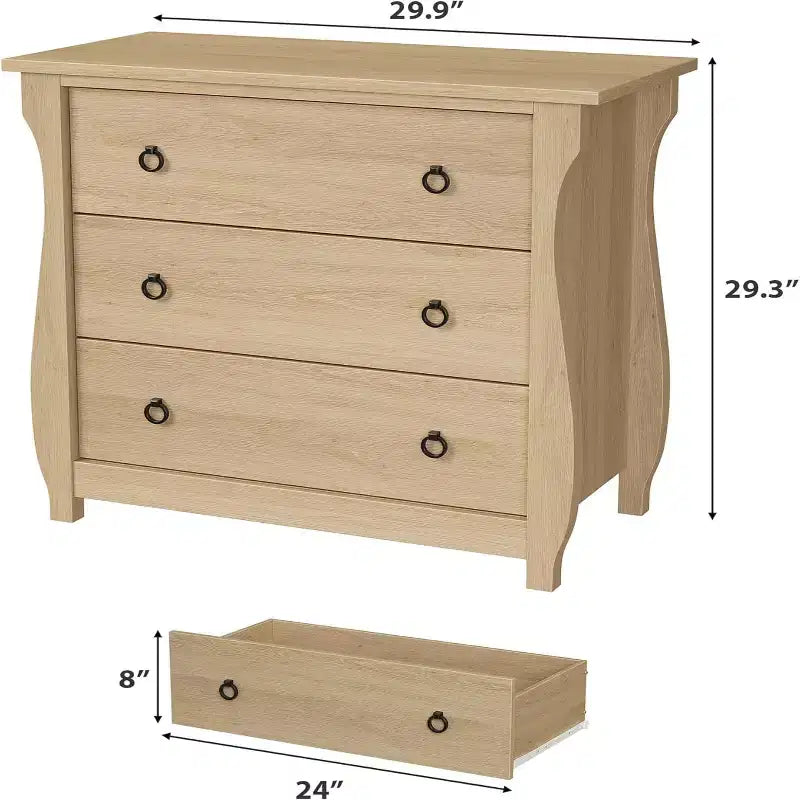 GustoWave 3-Drawer Dresser, Curved Legs, Rattan Trim, Freestanding Storage