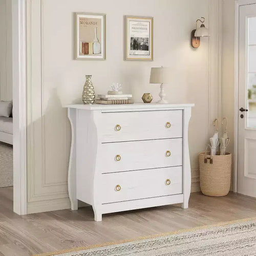 GustoWave 3-Drawer Dresser, Curved Legs, Rattan Trim, Freestanding Storage