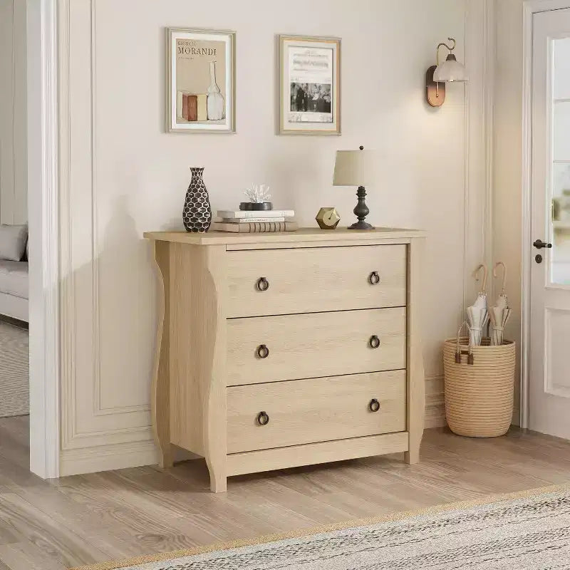 GustoWave 3-Drawer Dresser, Curved Legs, Rattan Trim, Freestanding Storage