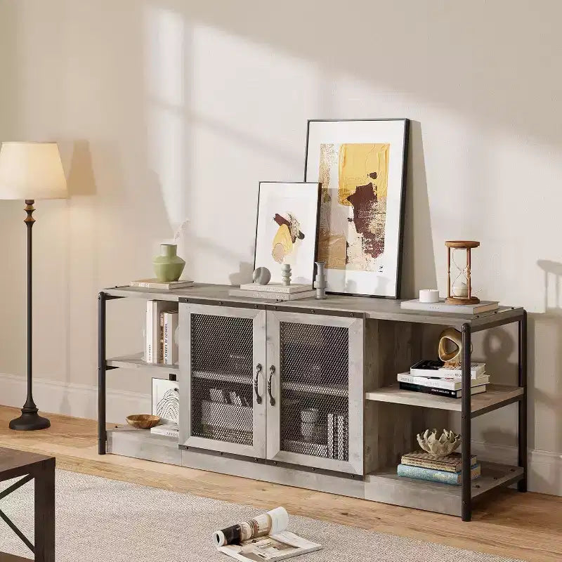 Industrial Farmhouse TV Stand for 75 Inch TVs, Weight Capacity 500LB, Rustic Media Console with Double Mesh Doors, Storage Cabinet for Living Room