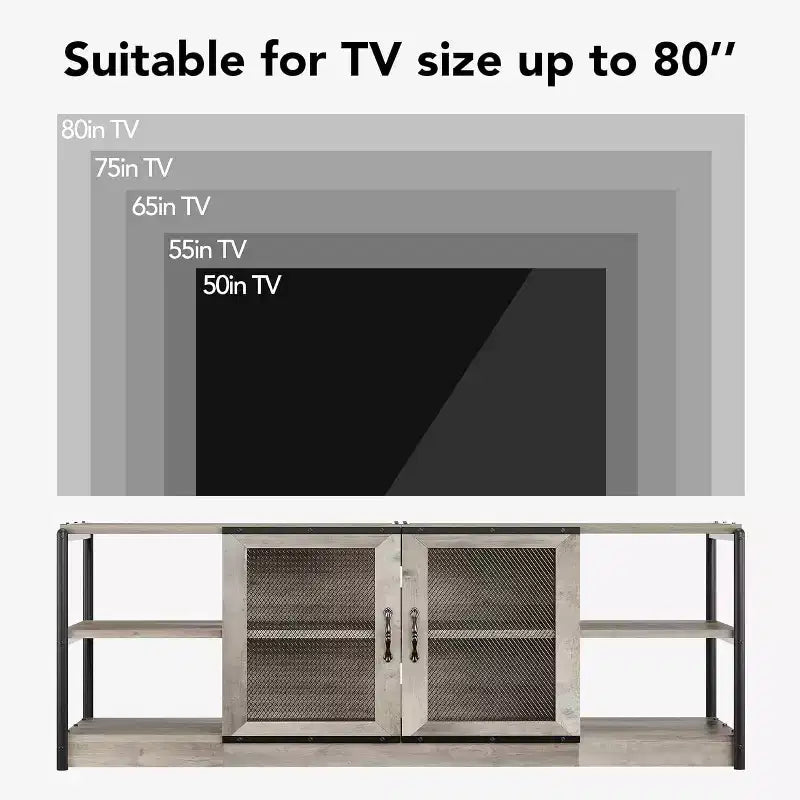 Industrial Farmhouse TV Stand for 75 Inch TVs, Weight Capacity 500LB, Rustic Media Console with Double Mesh Doors, Storage Cabinet for Living Room